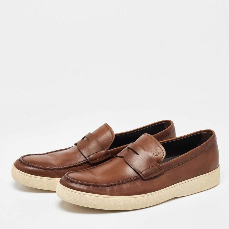 Pre Owned Tod's Brown Leather Slip On Loafers Size 41.5