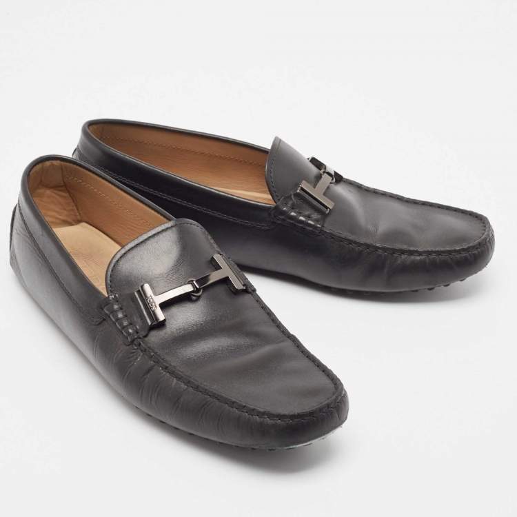 Pre Owned Tod's Black Leather Double T Bit Loafers Size 44