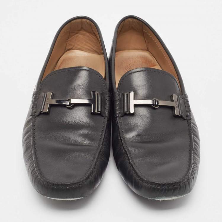 Pre Owned Tod's Black Leather Double T Bit Loafers Size 44