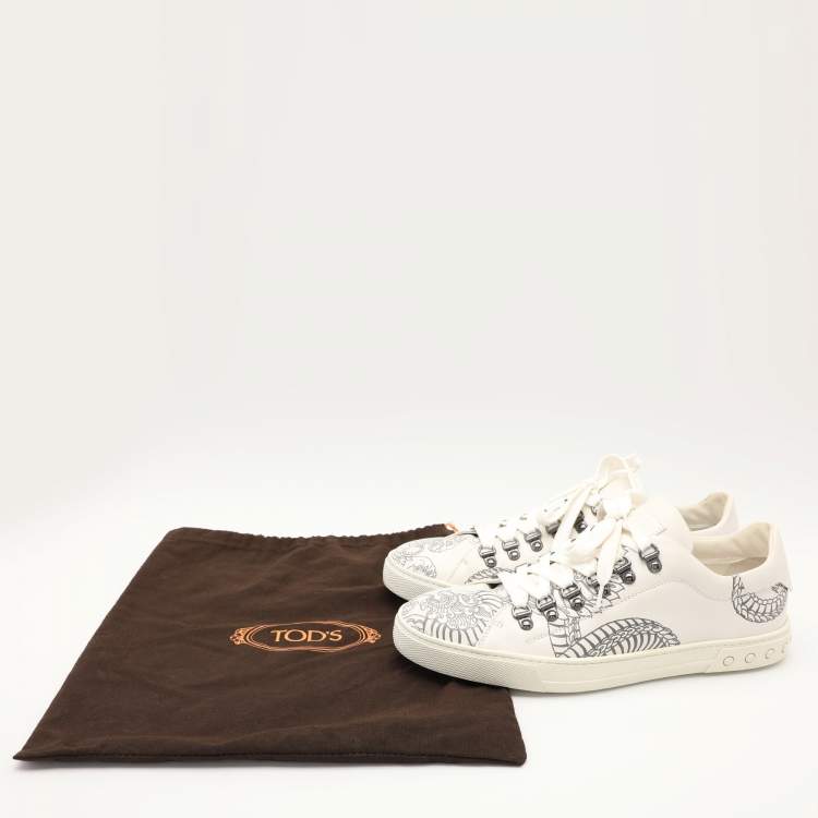 Pre Owned Tod's White/Black Printed Leather Low Top Sneakers Size 42