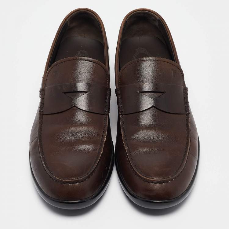 Pre Owned Tod's Brown Leather Gommino Penny Slip On Loafers Size 43