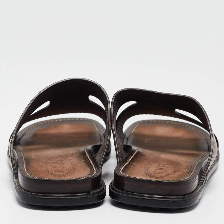 Pre Owned Tod's Brown Leather Slide Flats Size 41.5