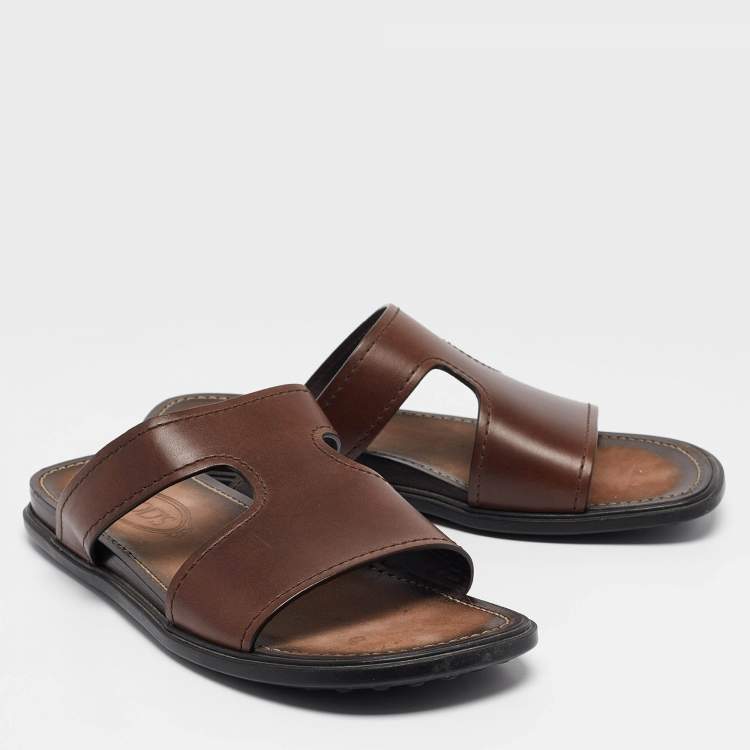 Pre Owned Tod's Brown Leather Slide Flats Size 41.5