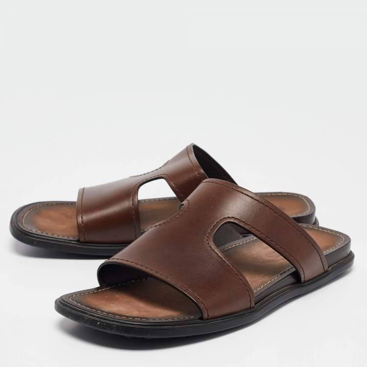 Pre Owned Tod's Brown Leather Slide Flats Size 41.5