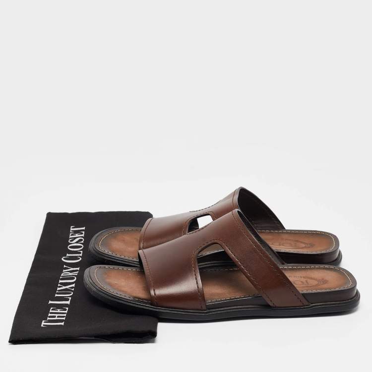 Pre Owned Tod's Brown Leather Slide Flats Size 41.5