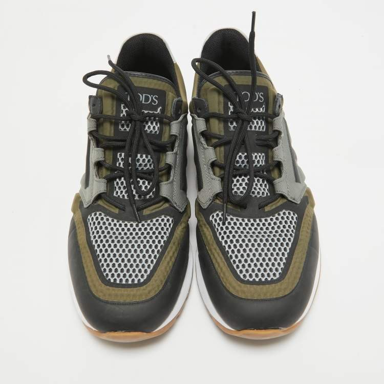 Pre Owned Tod's Green/Grey Canvas and Leather Low Top Sneakers Size 42.5