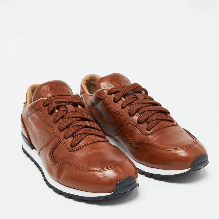 Pre Owned Tod's Brown Leather Lace Up Low Top Sneakers Size 40