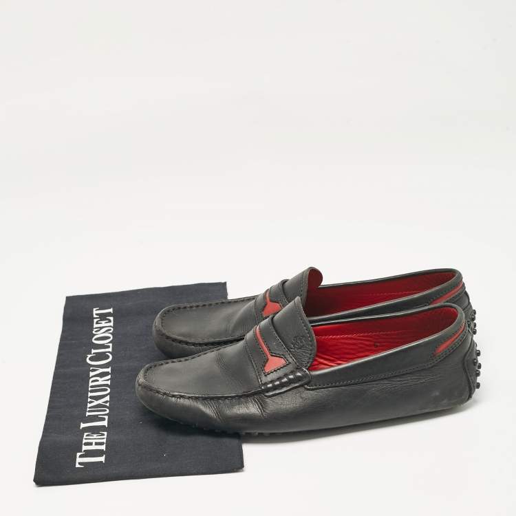 Pre Owned Tod's Black/Red Leather Slip on Loafers Size 39