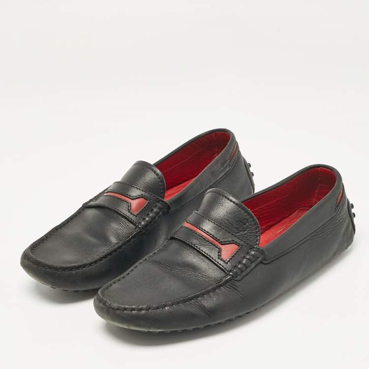 Pre Owned Tod's Black/Red Leather Slip on Loafers Size 39
