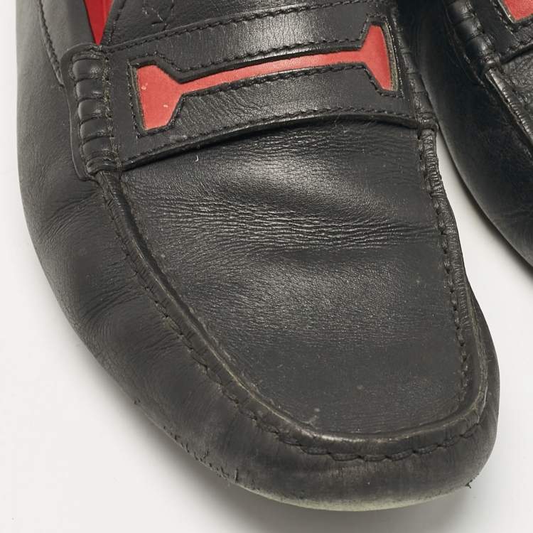 Pre Owned Tod's Black/Red Leather Slip on Loafers Size 39