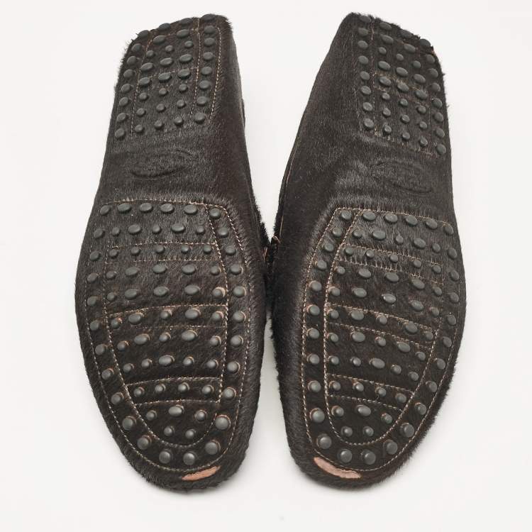 Pre Owned Tod's Brown Calf Hair Slip On Loafers Size 46.5