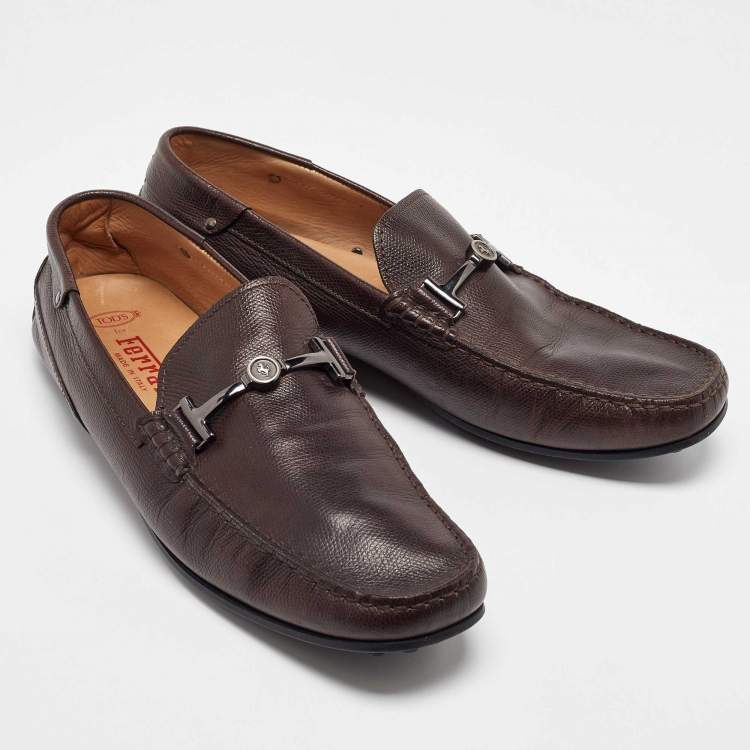 Pre Owned Tod's for Ferrari Dark Brown Leather Slip on Loafers Size 43