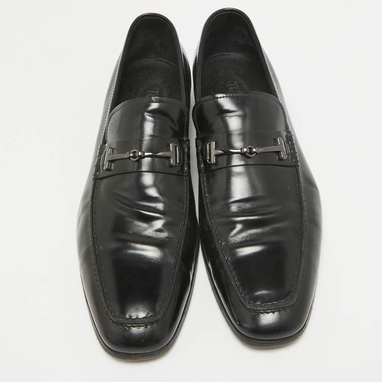Pre Owned Tod's Black Leather Double T Slip On Loafers Size 45
