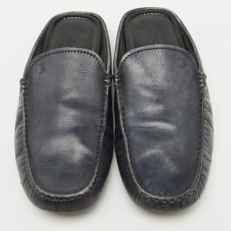Pre Owned Tod's Dark Grey Leather Slip On Mules Loafers Size 41