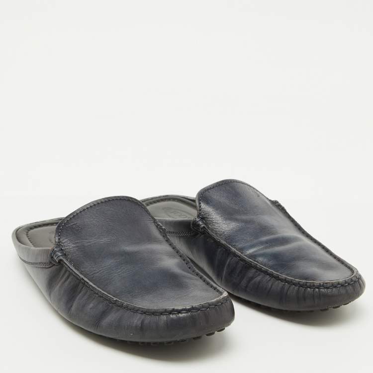 Pre Owned Tod's Dark Grey Leather Slip On Mules Loafers Size 41