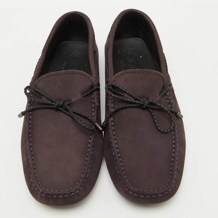 Pre Owned Tod's Dark Purple Nubuck Leather Slip On Driver Loafers Size 39.5