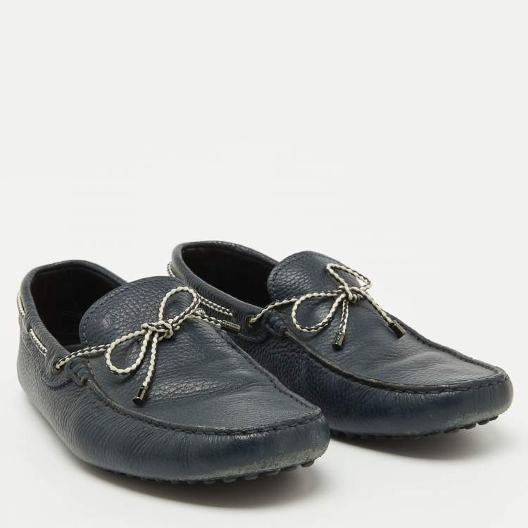 Pre Owned Tod's Navy Blue Leather Driver Bow Slip On Loafers Size 42