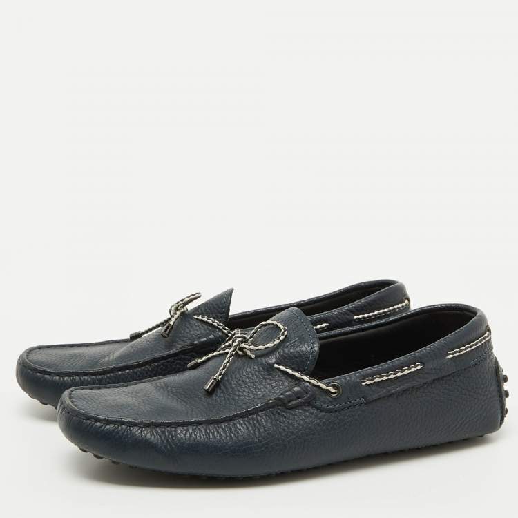 Pre Owned Tod's Navy Blue Leather Driver Bow Slip On Loafers Size 42