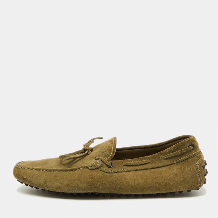 Pre Owned Tod's Light Olive Green Suede Bow Slip On Driver Loafers Size 44