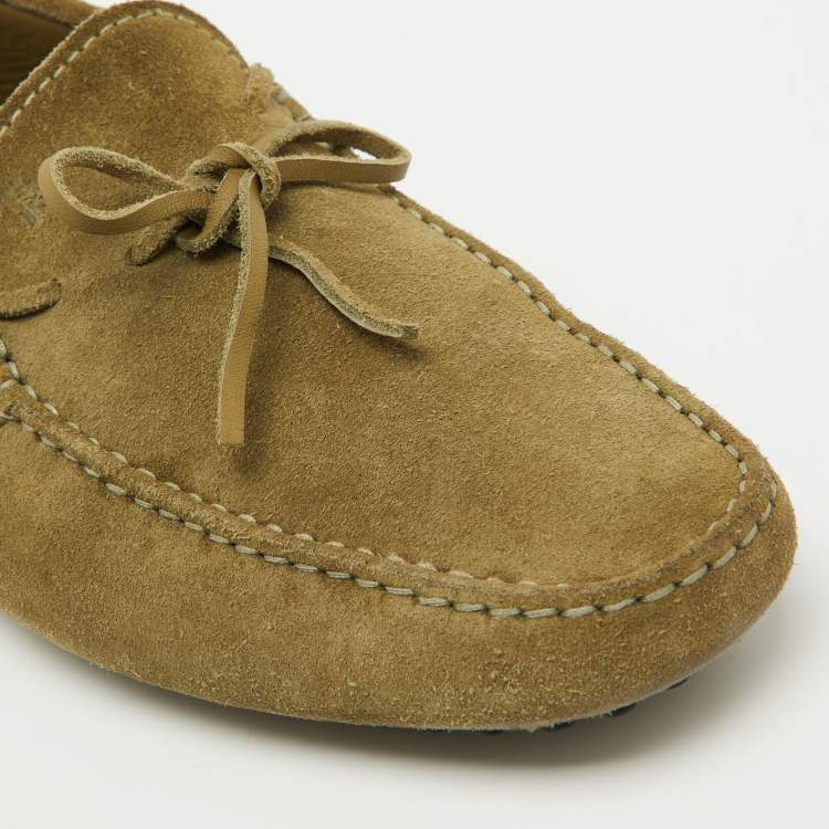 Pre Owned Tod's Light Olive Green Suede Bow Slip On Driver Loafers Size 44