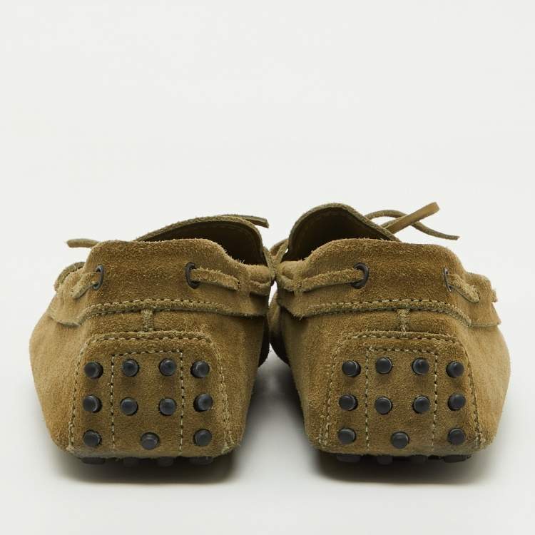 Pre Owned Tod's Light Olive Green Suede Bow Slip On Driver Loafers Size 44