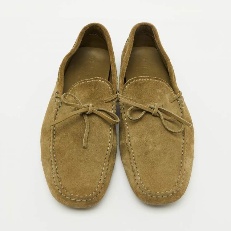 Pre Owned Tod's Light Olive Green Suede Bow Slip On Driver Loafers Size 44