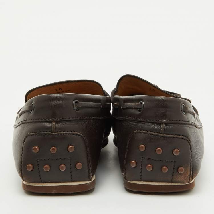 Pre Owned Tod's Dark Brown Leather Bow Slip On Loafers Size 44.5