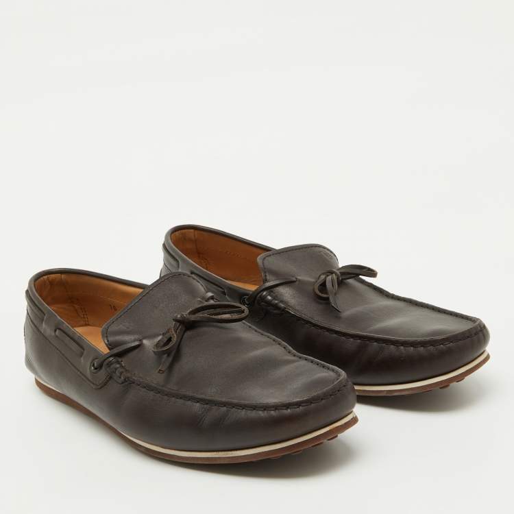 Pre Owned Tod's Dark Brown Leather Bow Slip On Loafers Size 44.5
