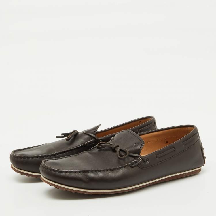 Pre Owned Tod's Dark Brown Leather Bow Slip On Loafers Size 44.5