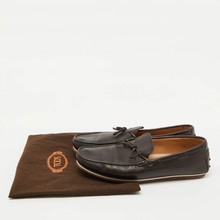 Pre Owned Tod's Dark Brown Leather Bow Slip On Loafers Size 44.5