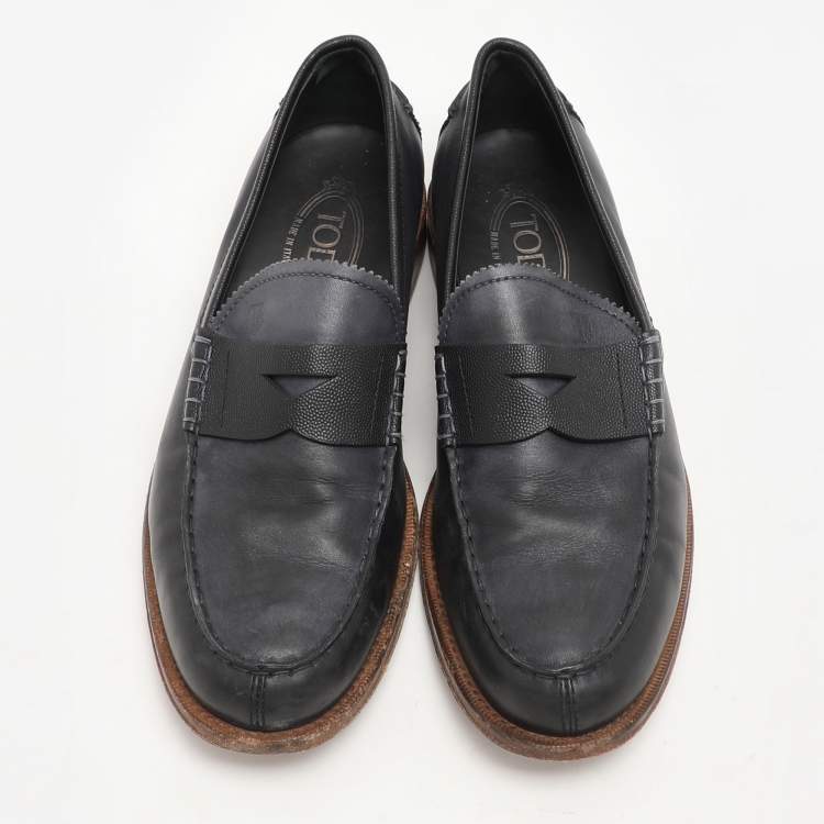 Pre Owned Tod's Dark Blue Leather Slip On Loafers Size 41