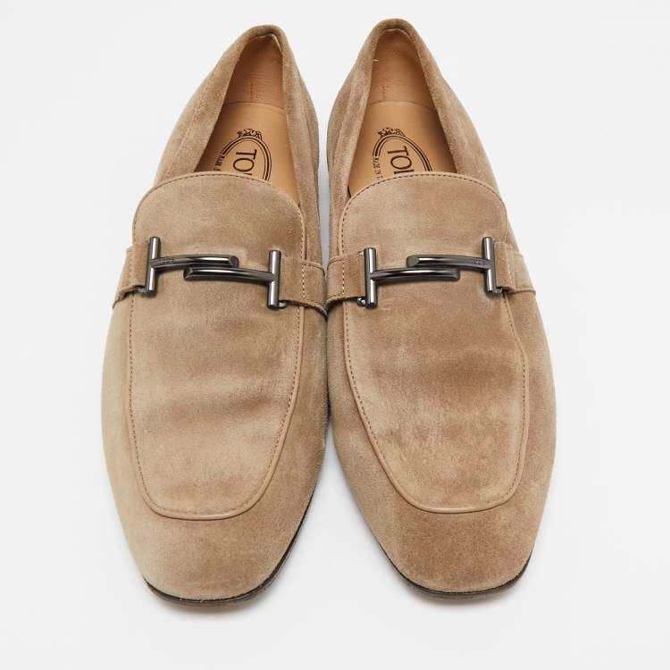 Pre Owned Tod's Beige Suede Double T Slip On Loafers Size 44.5
