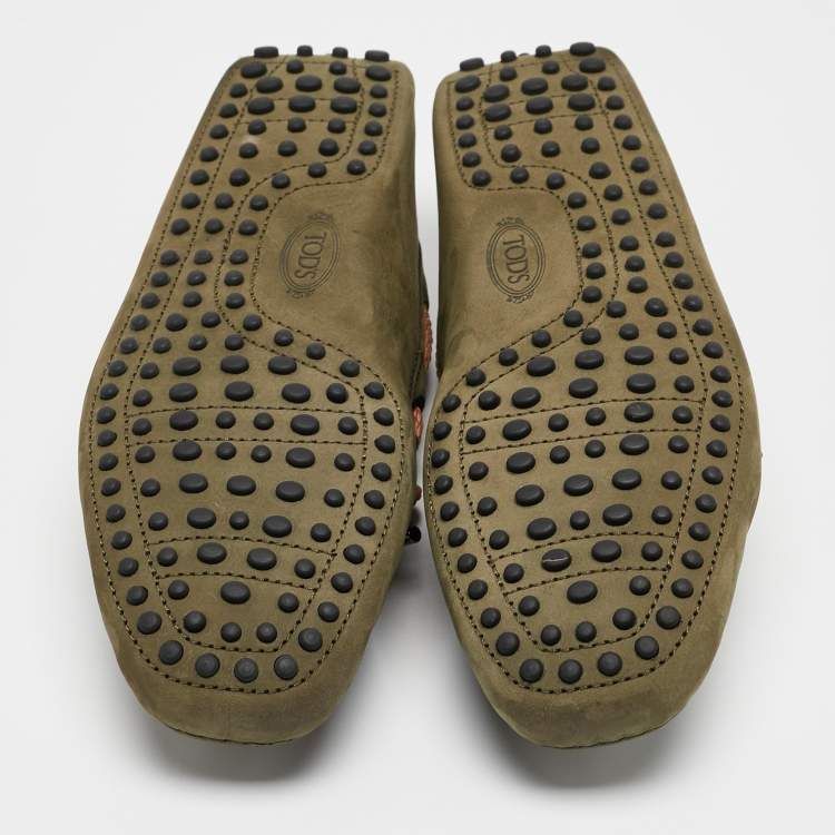 Pre Owned Tod's Green/Brown Nubuck and Leather Bow Slip On Loafers Size 41