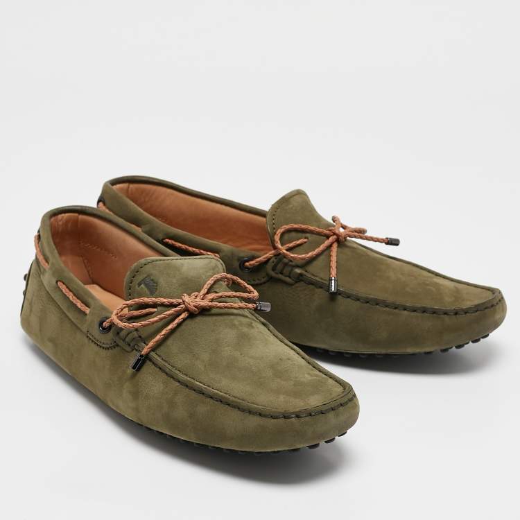 Pre Owned Tod's Green/Brown Nubuck and Leather Bow Slip On Loafers Size 41