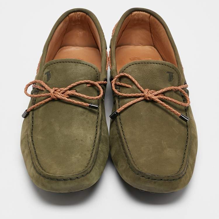 Pre Owned Tod's Green/Brown Nubuck and Leather Bow Slip On Loafers Size 41