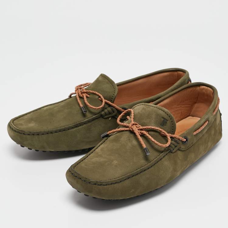 Pre Owned Tod's Green/Brown Nubuck and Leather Bow Slip On Loafers Size 41