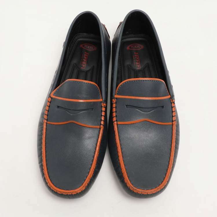 Pre Owned Tod's for Ferrari Blue/Orange Leather Penny Loafers Size 39.5