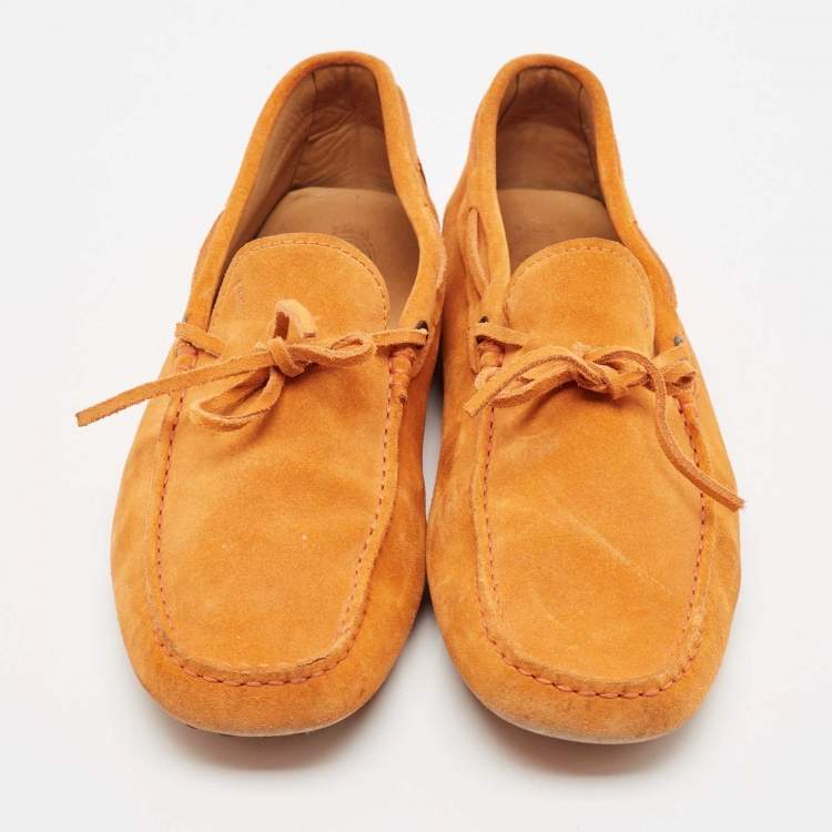 Pre Owned Tod's Orange Suede Bow Slip On Loafers Size 44.5