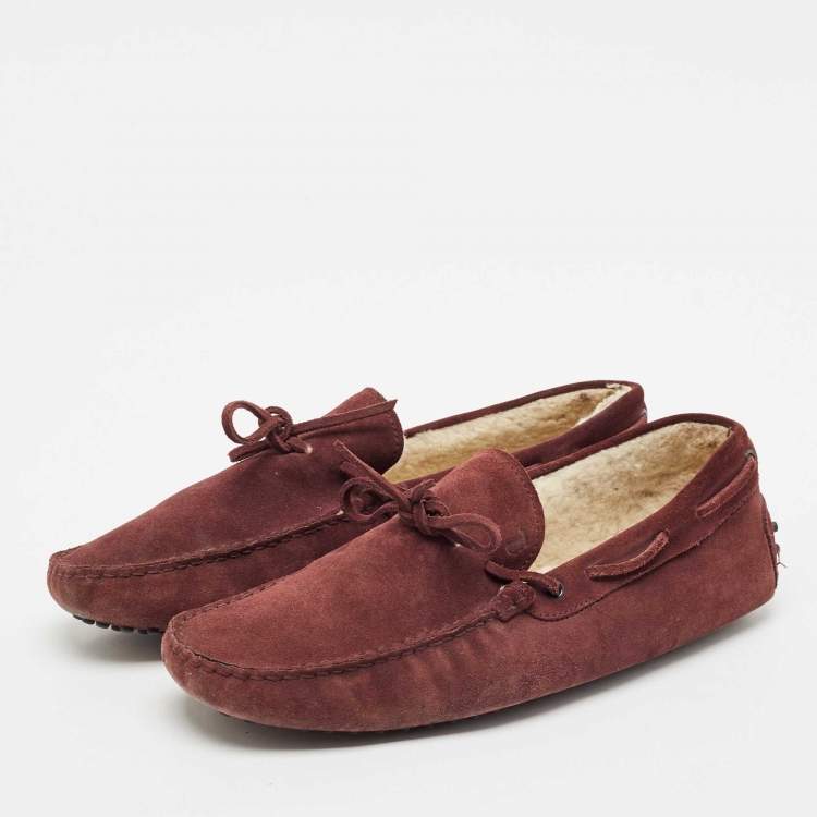 Pre Owned Tod's Dark Burgundy Suede Bow Slip On Loafers Size 44.5