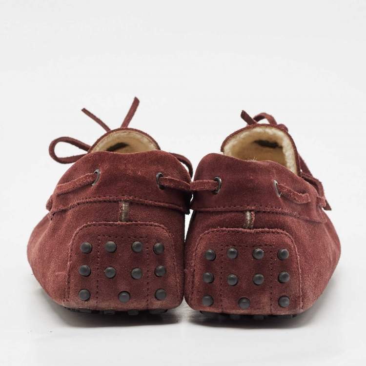 Pre Owned Tod's Dark Burgundy Suede Bow Slip On Loafers Size 44.5