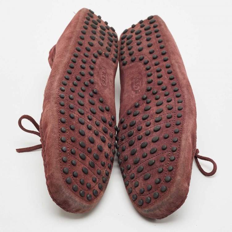 Pre Owned Tod's Dark Burgundy Suede Bow Slip On Loafers Size 44.5