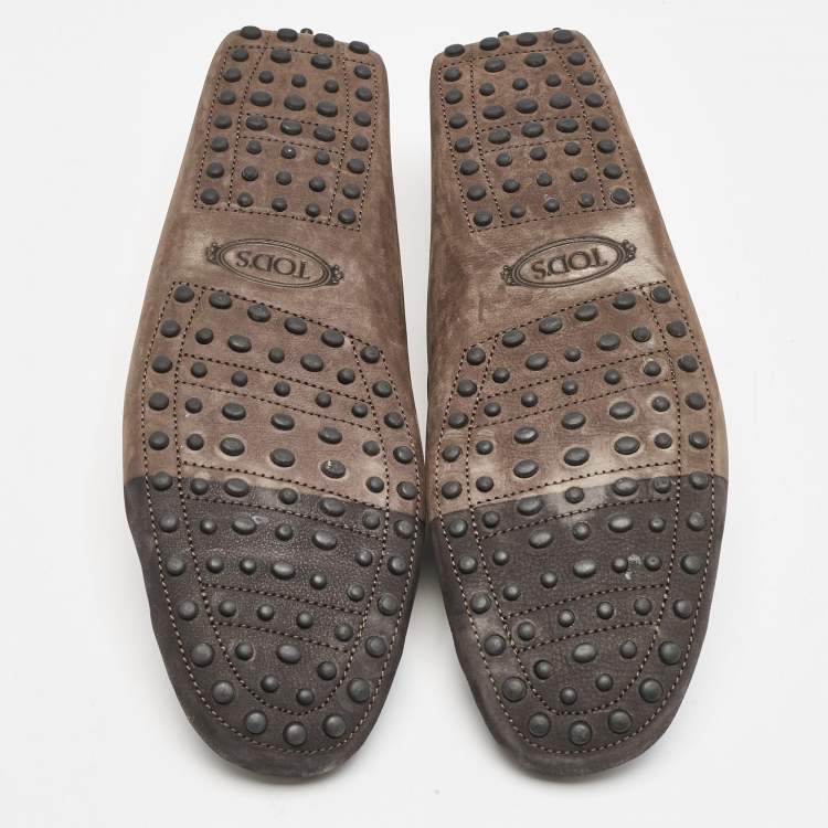 Pre Owned Tod's Dark Brown/Blue Nubuck Bow Slip On Loafers Size 44.5
