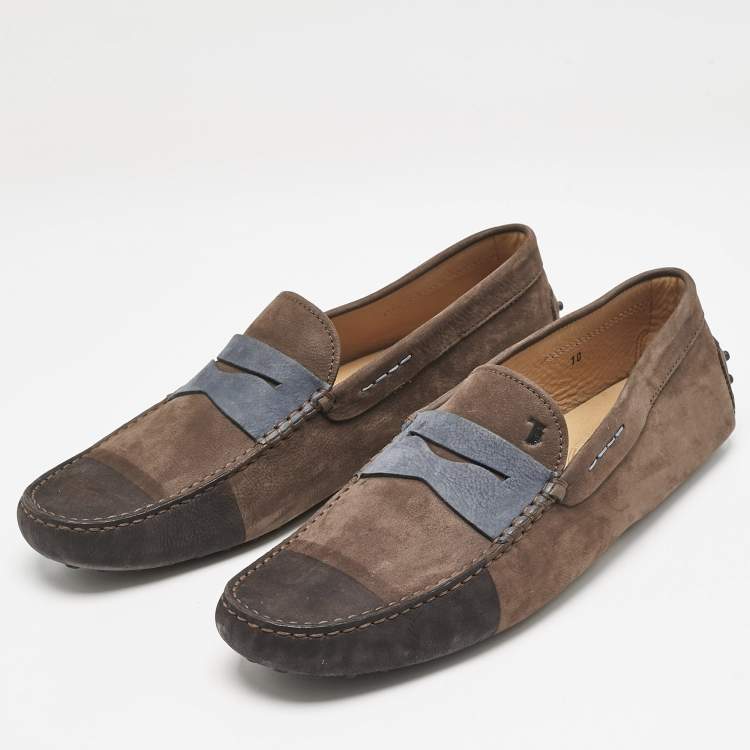 Pre Owned Tod's Dark Brown/Blue Nubuck Bow Slip On Loafers Size 44.5