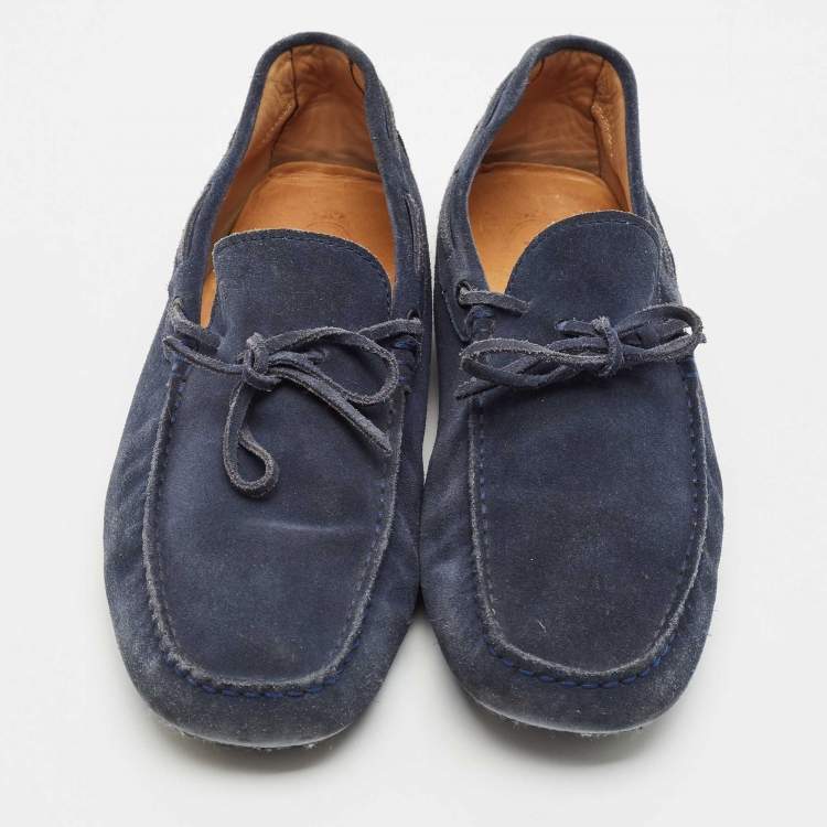 Pre Owned Tod's Navy Blue Suede Bow Slip On Loafers Size 44.5