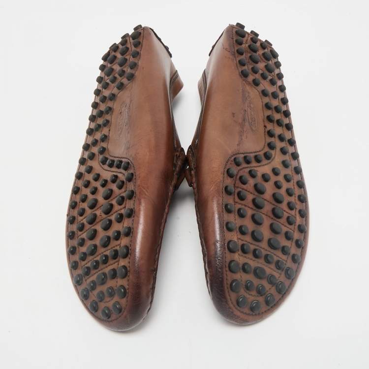 Pre Owned Tod's Dark Brown Leather Double T Logo Slip On Penny Loafers Size 42.5