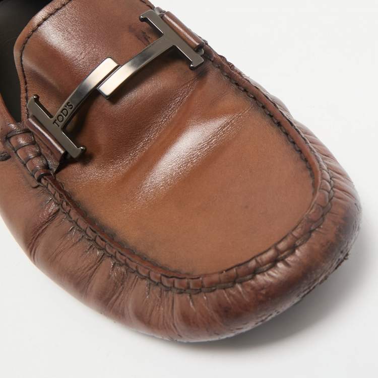 Pre Owned Tod's Dark Brown Leather Double T Logo Slip On Penny Loafers Size 42.5