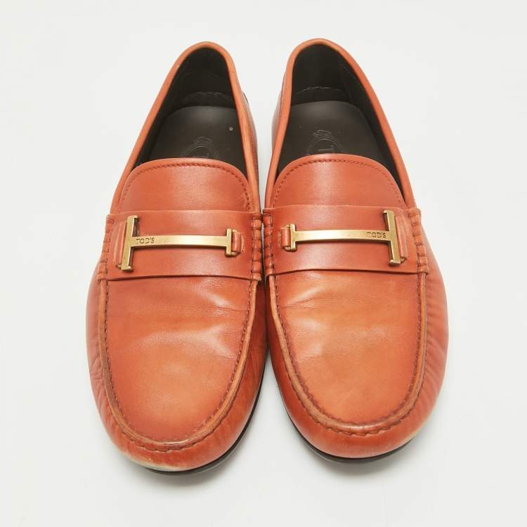 Pre Owned Tod's Brown Leather Double T Logo Slip On Penny Loafers Size 44