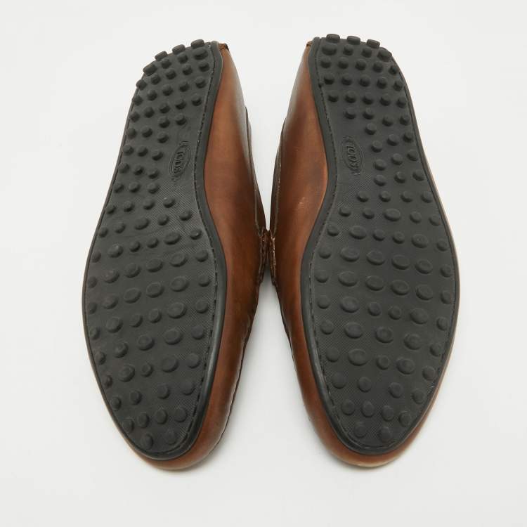 Pre Owned Tod's Brown Leather Double T Logo Slip On Penny Loafers Size 44