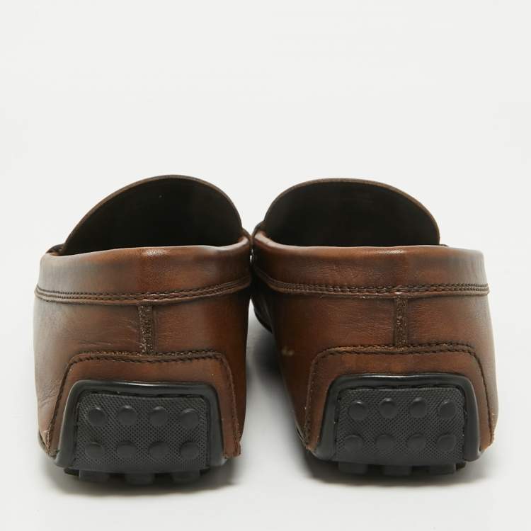 Pre Owned Tod's Brown Leather Double T Logo Slip On Penny Loafers Size 44