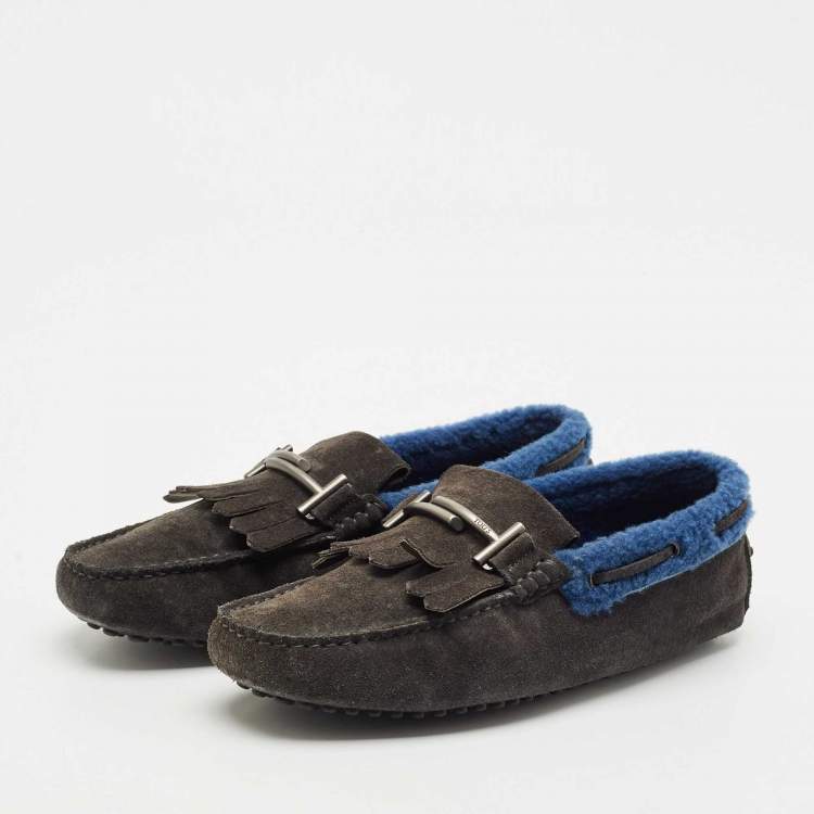Pre Owned Tod's Grey Shearling and Suede Double T Driver Loafers Size 39.5